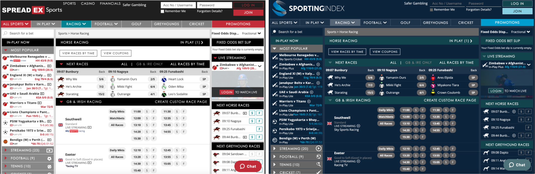 Spreadex and sporting index's websites, spreadex in red and black and sporting index in dark blue and grey